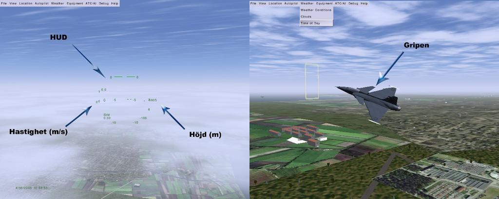 5.5 Flightgear I Bild 3 ses två typiska vyer från FlightGears visualisering. En är inifrån cockpit med HUD (heads up display) påslagen och den andra är utifrån där man ser planet.