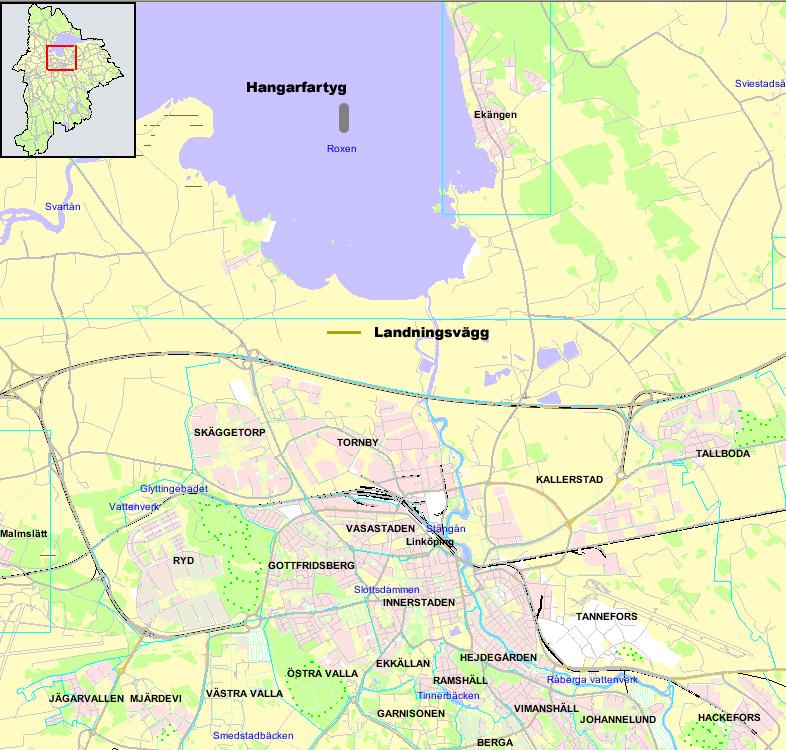 5.7 Världen Bild 5 visar en karta över Linköping och den omgivande terrängen till startpunkten på hangarfartyget. Enda möjligheten till landning är genom landningsväggen som är markerad på kartan.