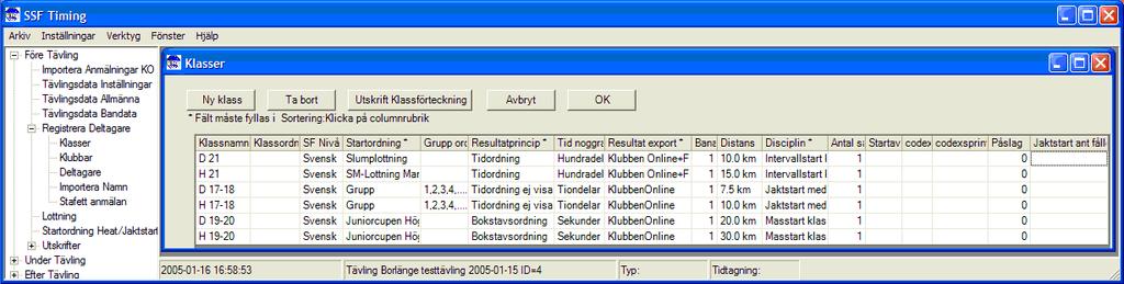 SSF Timing Längd Användarhandledning Sparat datum: 2014-12-28 (r2015.0-1) Sid 21(119) 3.2.6 Klasser Lägg inte manuellt till klasser förrän du läst in anmälningsfilen, se kapitel 3.2.3 på sidan 14.