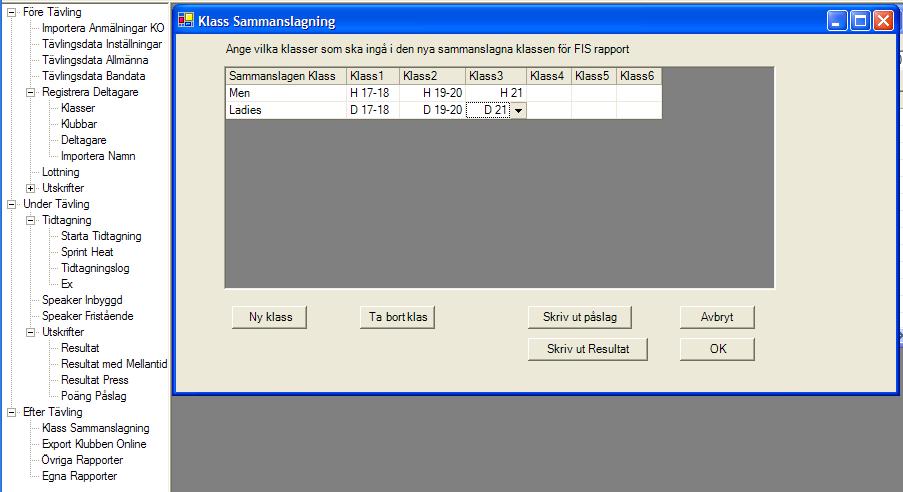 SSF Timing Längd Användarhandledning Sparat datum: 2014-12-28 (r2015.0-1) Sid 87(119) Gör så här för varje sammanslagen klass: 1. Skapa klassen med knappen Ny Klass. 2. Räkna upp de klasser som ska ingå i den sammanslagna klassen 3.