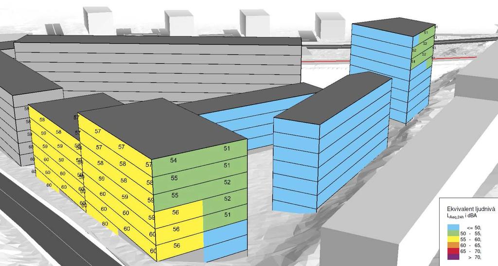 Ekvivalent ljudnivå på fasader sett från väster Bild