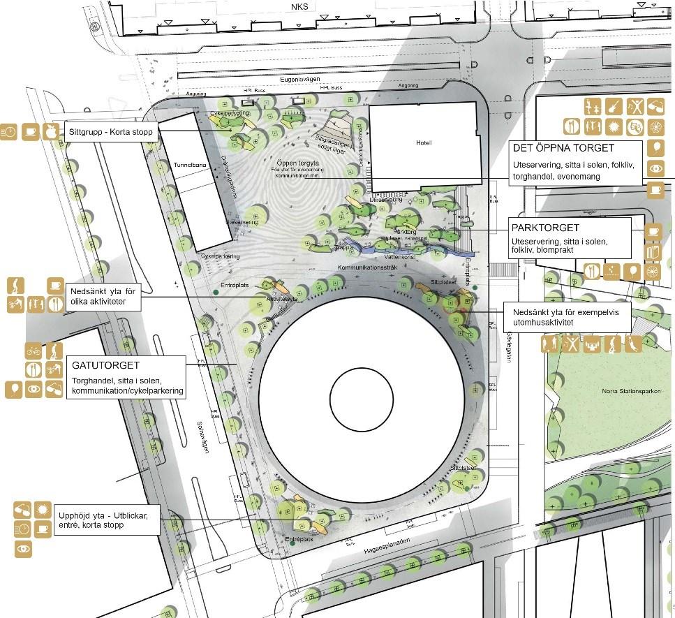 Sida 16 (36) nollplanet och till underkant konstruktion på ca +9,0 meter över nollplanet. Gräns mellan kvartersmark och allmän plats illustreras med principsektion på plankartan.