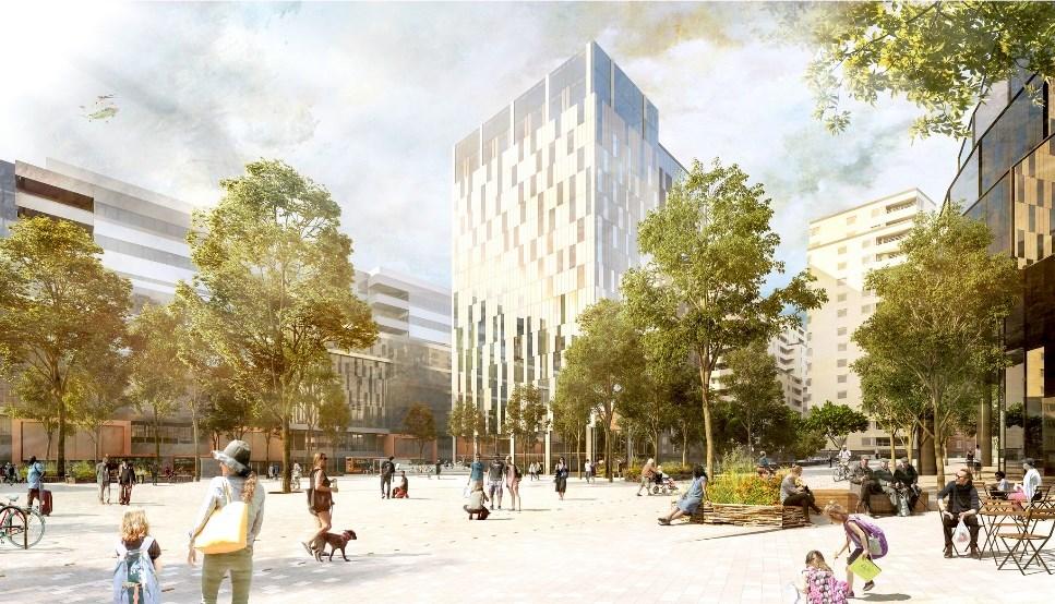belysningsstolpar, få och sporadiskt förekommande trädrader, extra körfiler för bussar och ambulanser samt nedfart till underjordisk parkering.