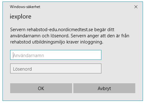 Figur 2. Autentiseringsruta vid inloggning till utbildningsmiljön. För att kunna använda funktionerna i Rehabstöd behöver du Internet Explorer 11 eller efterföljande versioner.