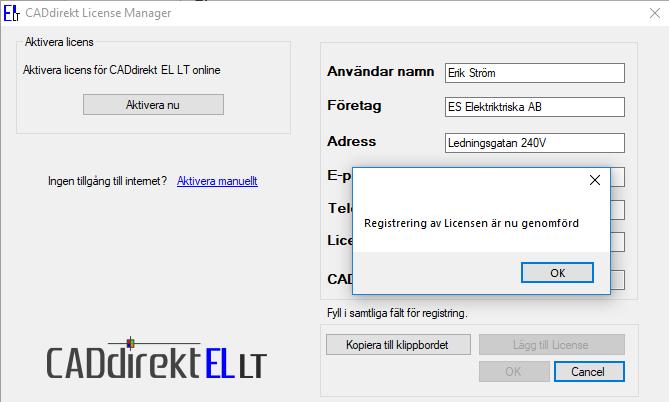Registrering av Lisensen är nu genomförd. Klicka på OK.