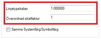 Överordnad skalfaktor Med symbolskalan kan storleken på symboler generellt ändras. T.ex. sätt värdet till 2 blir alla symboler dubbelt så stora som linjetypskalan anger. Obs!