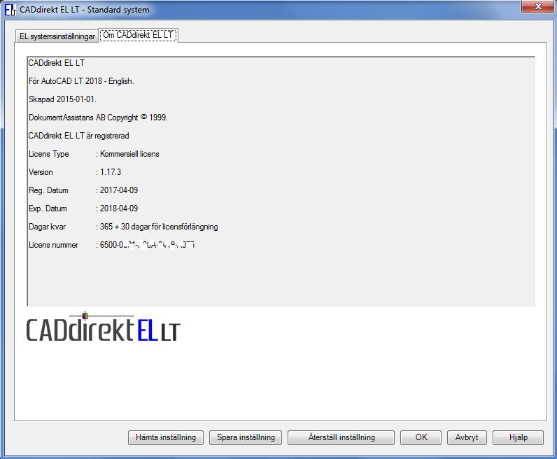 21 OM CADDIREKT EL LT. Denna flik visar programfakta om programmet. Version av CADdirekt EL LT Licensnummer CAD program som applikationen är knuten till Användaruppgifter.