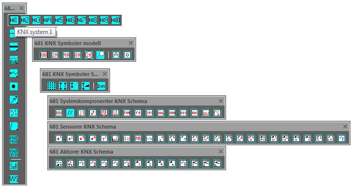 42 Verktygsfält: 681 KNX Bild visar verkygfält för systemet: 681 KNX. Verktygsfältet öppnas på arbetsytan genom att klicka på 681 KNX i huvudverktygsfältet. Hela verktygsfältet för 681 KNX visas.
