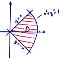Exempel. Beräkna e x2 +y 2 dxdy, där området begränsas av olikheterna x 2 + y 2 1, x y x. Vi noterar först att x y x medför x x, så x, och att integration m.a.p. x (eller y) inte är möjlig här eftersom vi inte kan integrera e x2 (den primitiva funktionen kan inte uttryckas med ändligt många elementära funktioner).