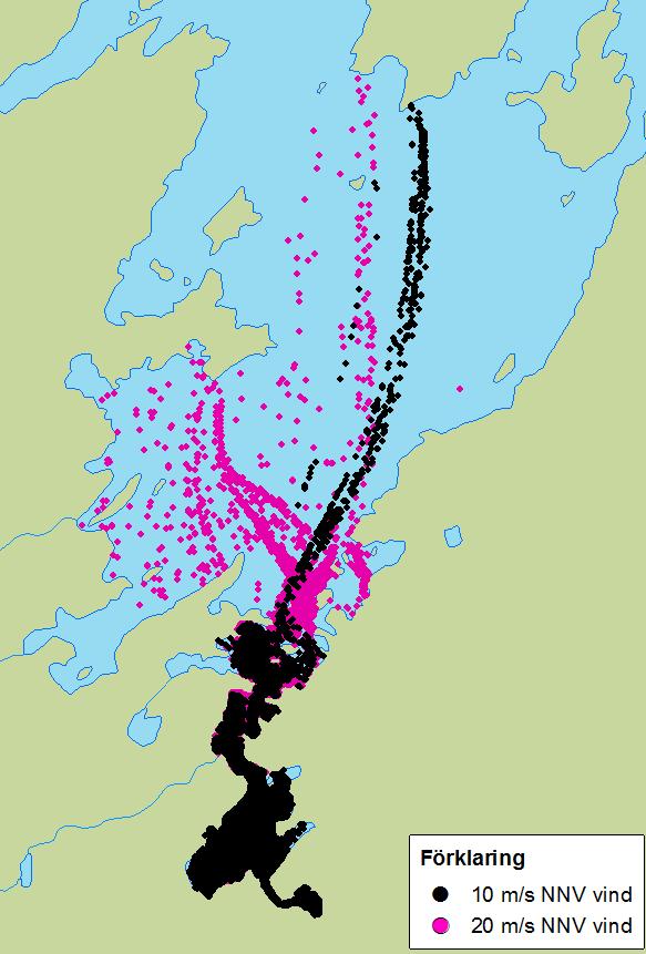 rinntiden i sjön har en simulering gjorts där vindhastigheten fördubblats, det vill säga simuleringen har gjorts för 20 m/s.
