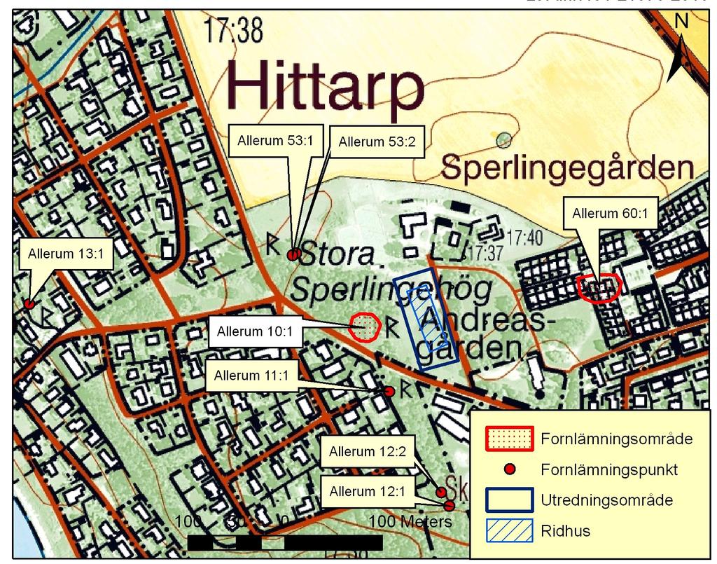 Fig. 4. Utredningsområdets och ridhusets ungefärliga positioner. Utdrag ur Fastighetskatan 62D 1fN Sofiero. Skala 1:5 000. odlingsmark och i öst, väst och söder finns bebyggelse.