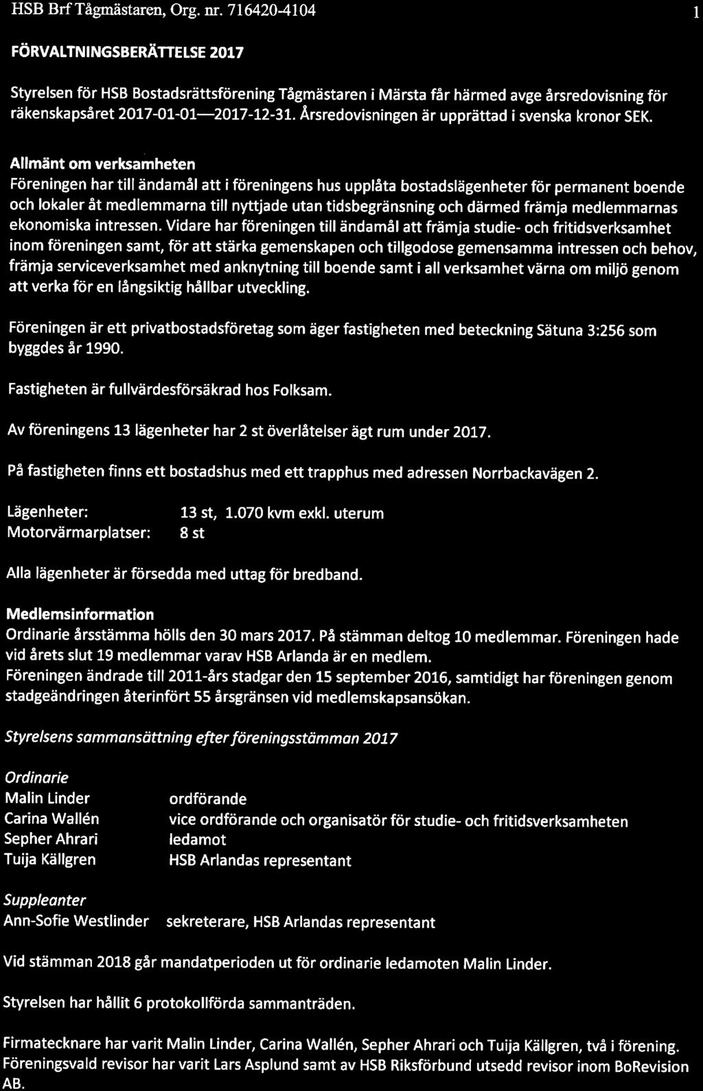 HSB BrfTågmästaren, Org. nr. 716420-4104 l FÖRVALTNINGSBERÄTTELSE 2017 Styrelsen för HSB Bstadsrättsförening Tågmästaren i Märsta får härmed avge årsredvisning för räkenskapsåret 2017-01-01-.