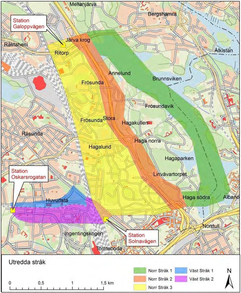 Figur 5. Huvudsakliga identifierade ledningsstråk. 3.5 Utredda sträckningar Utifrån de beskrivna stråken har sträckningar studerats.