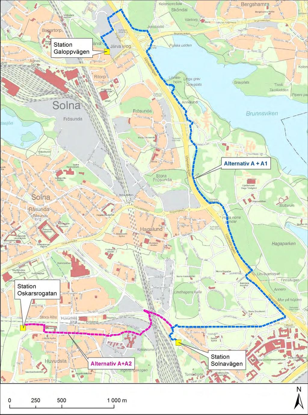 4 Valda alternativ Ett flertal alternativa sträckningar har utretts för delprojekt Södra Solna. Mot bakgrund av genomfört samråd, se avsnitt 2.