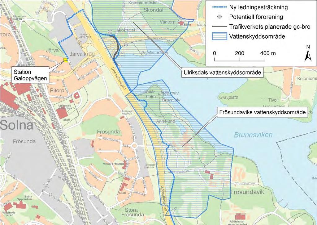 Figur 26. Berörda vattenskyddsområden och potentiellt förorenad mark i anslutning till ledningssträckningen.