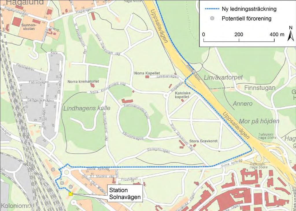 Figur 27. Potentiellt förorenad mark i anslutning till ledningssträckningen.