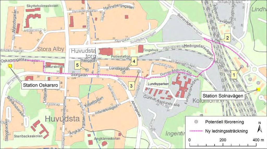 Figur 28. Identifierade platser med föroreningsrisk i anslutning till ledningssträckningen.