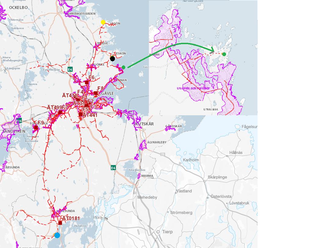 Figur 6. Karta över Gävle region.. 5.1. Eskösundet Nätet i Figur 7 matas av en 200kVA transformator. Området har 21st elkunder.