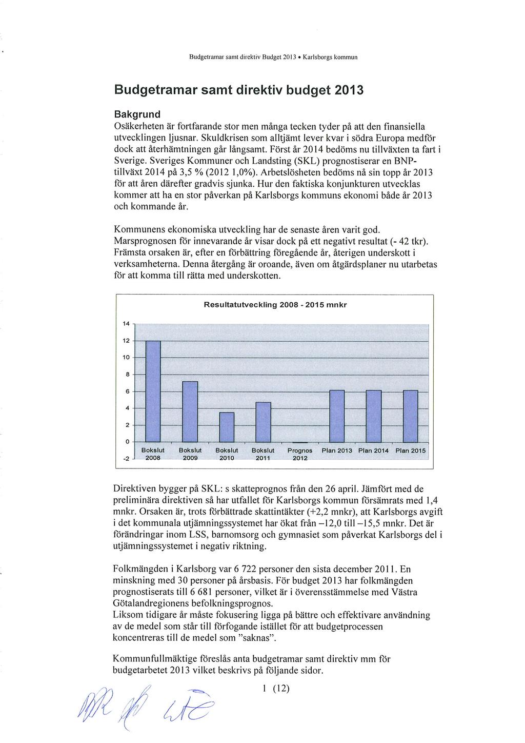 Budgetramar samt direktiv Budget 20 13 Karlsborgs kommun Budgetramar samt direktiv budget 2013 Bakgrund Osäkerheten är fortfarande stor men många tecken tyder på att den finansiella utvecklingen