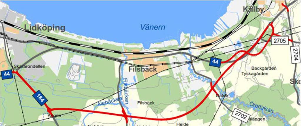 Väg 44: Nybyggnad och ombyggnad mellan Lidköping och Källby Totalentreprenad Skanska (Projektering och utförande) Omfattning: 230 miljoner kronor Nybyggnation av 2+1 fälts väg på en sträcka av 7 km
