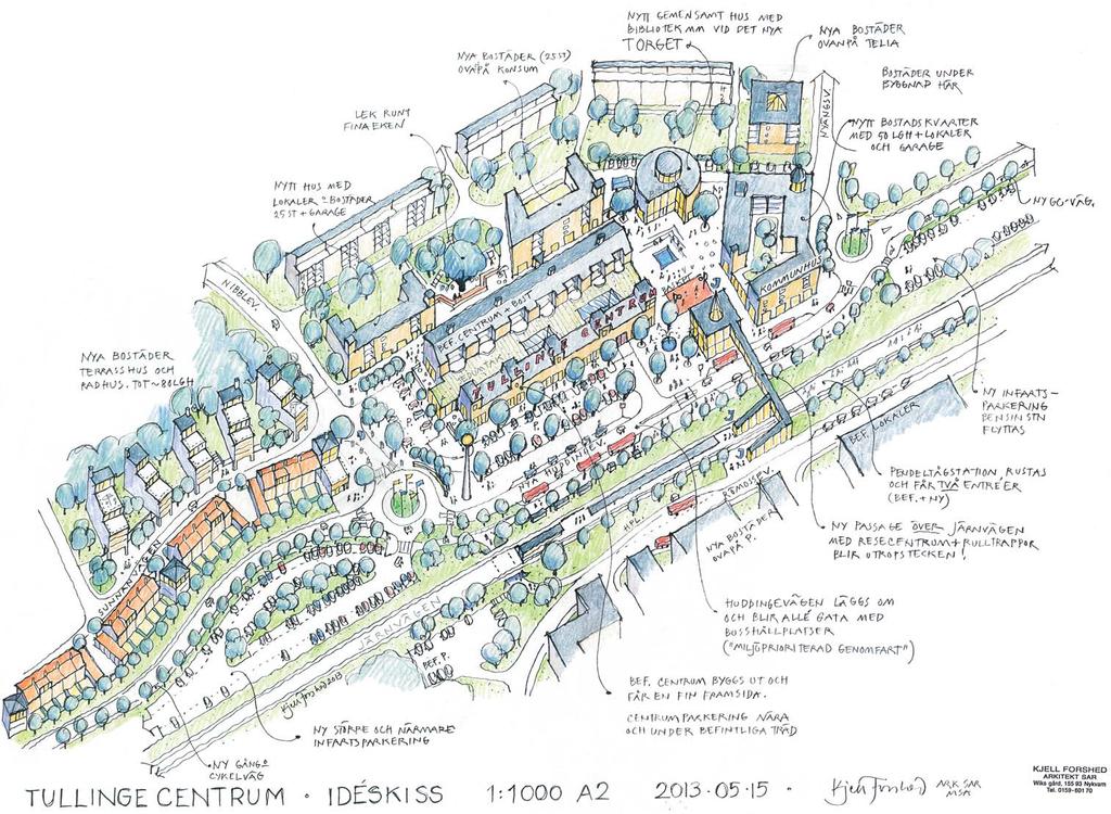 Planskiss (i perspektiv) för ett framtida Tullinge Centrum. Se hela förslaget på vår hemsida www.tullingepartiet.