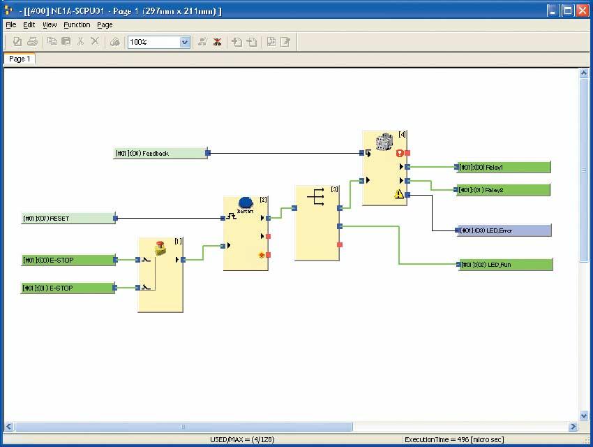 6-3-5 Övervakning av programmet I/O-etiketternas värden och signallägen för kopplingarna med funktionsblocken kan övervakas online i fönstret Logic Editor.