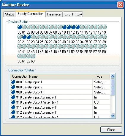 (3) Högerklicka på NE1A-SCPU01 och välj Monitor från pop-up-menyn. Klicka på fliken Safety Connection i det fönster som visas. Anslutningsstatus för säkerhetsslaven visas för den lokala nodadressen.