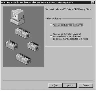 5. Inställning av fjärr-i/o-allokering Fönstret Scan List Wizard-Set how to allocate I/O data to PLC Memory Block som anger metoder för I/O-dataallokering av enheter visas. Ett exempel visas nedan.