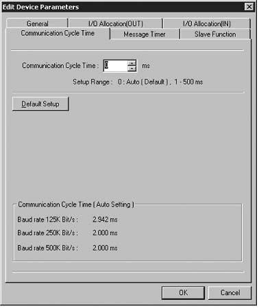 Inställning av kommunikationens cykeltid Fliken Communications Cycle Time (Device Parameter Edit) Inställningen av kommunikationens cykeltid och beräkning av kommunikationens cykeltid baserat på den