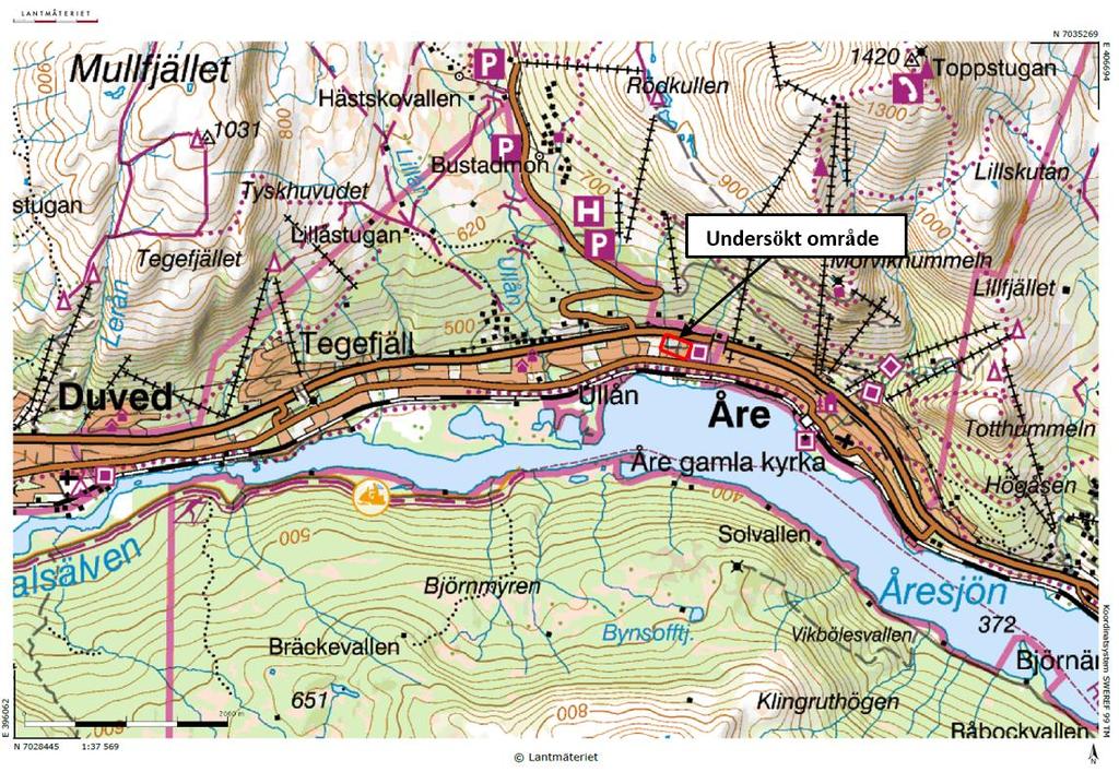 repo001.docx 2012-03-2914 6 GEOTEKNISKA FÖRHÅLLANDEN 6.1 Topografi Markytan inom fastigheten faller generellt åt syd mot Åresjön. I norrut ligger E14 och Åreskutan.