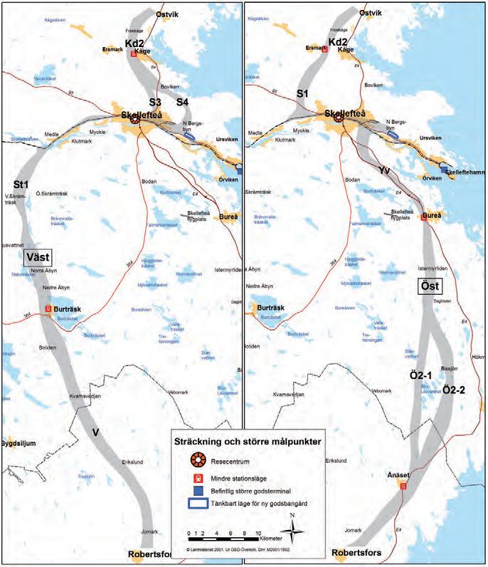 Alternativ Väst Alternativ Väst möjliggör resecentrum i Skellefteå samt stationslägen i Robertsfors, Burträsk och Kåge/Ersmark.