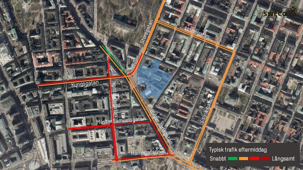 Figur 1. Typisk trafik förmiddag i området (Karta från Stockholms stad och trafikinformation från Google). Figur 2.