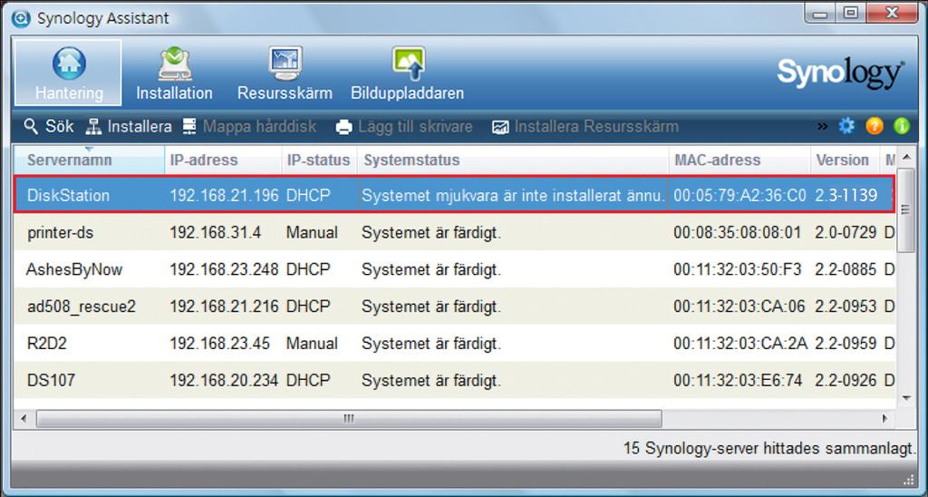 2 Då Synology Assistant öppnats dubbelklickar du på DiskStation från serverlistan.