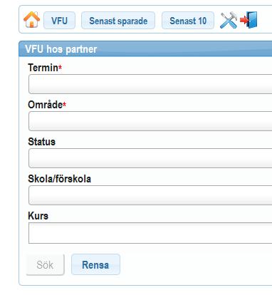 Sök studenter på VFU-område När du loggat in i databasen kommer du till en webbsida med en huvudmeny enligt nedanstående bild.