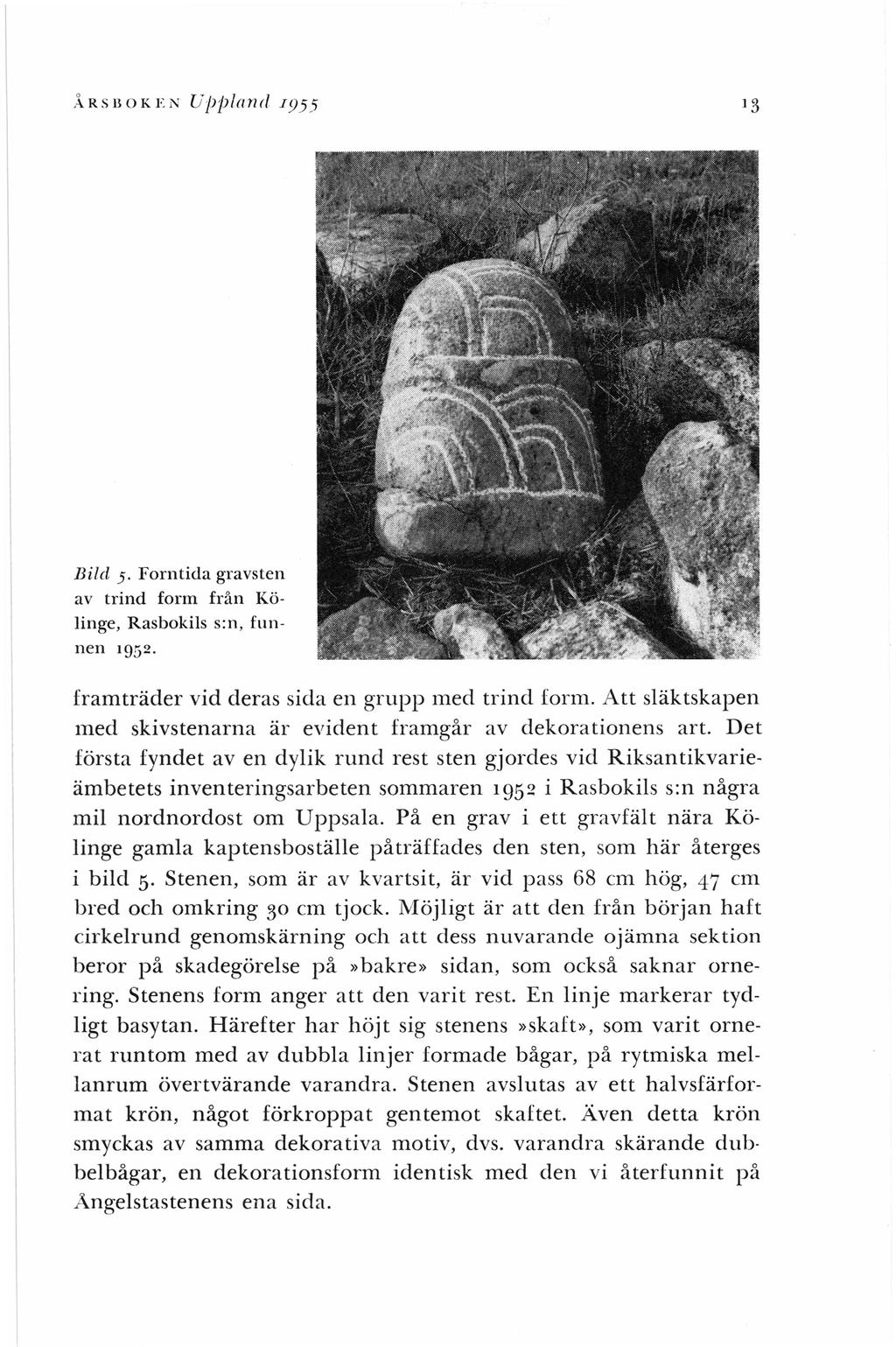 .'.\RSllOKE N UjJjJ/antf I955 Bild 5. Forntida gravsten av trind form från Kölinge, Rasbokils s:n, funnen 1952. framträder vid deras sida en grupp med trind form.