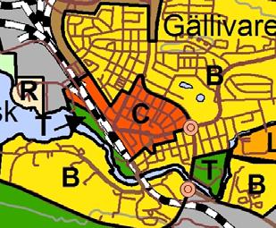 C CENTRUM C, CENTRUM Järnvägsstationen Utdrag från plankartan över centrumområden i Gällivare Förtätning behöver tillämpas för att skapa fler bostäder, boende- och vistelsekvalitet i centrum.