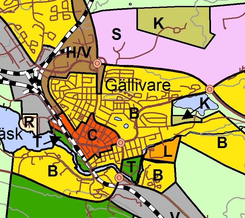 GÄLLIVARE Vägstationen Centrala Gällivare Silfwerbrandshöjden Lasarettet Andra sidan Söderbergs kullar Utdrag från plankartan över bostäder i Gällivare.