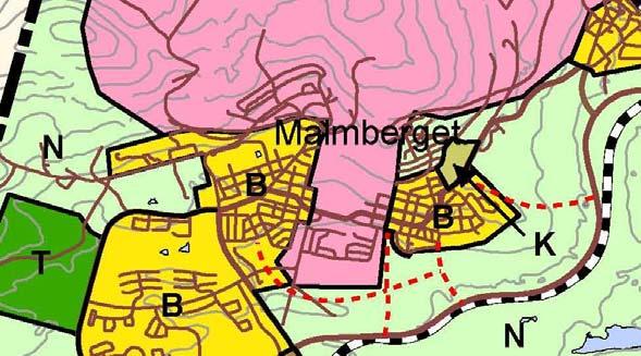 MALMBERGET Västra Malmberget Östra Malmberget Utdrag från plankartan över Malmberget. Malmberget berörs av gruvdriften.