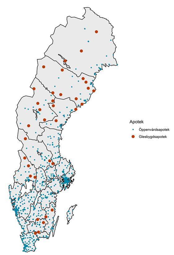 25 (91) Figur 5. Glesbygdsapotek som beviljats bidrag för verksamhetsåret 2017 Not: Karta Leaflet OpenStreetMap contributors, CC-BY-SA Källa: TLV Analys. 3.