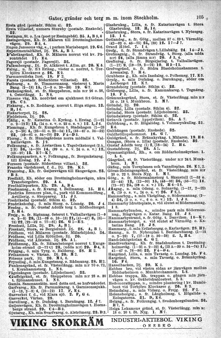 . \ Gator, 'gränder och'torg m. m. inom Stockholm. Ersta gård (postadr. Sthlm 4). 32. Glasbrnksg., Lilla, s. fr. Katarinavägen.t. Stora Er3~~ villa~tad, numera Stureby (postadr, Enskede); Gl~~~~~:~~~St~:~, s~~/ ~atarinavägen t.