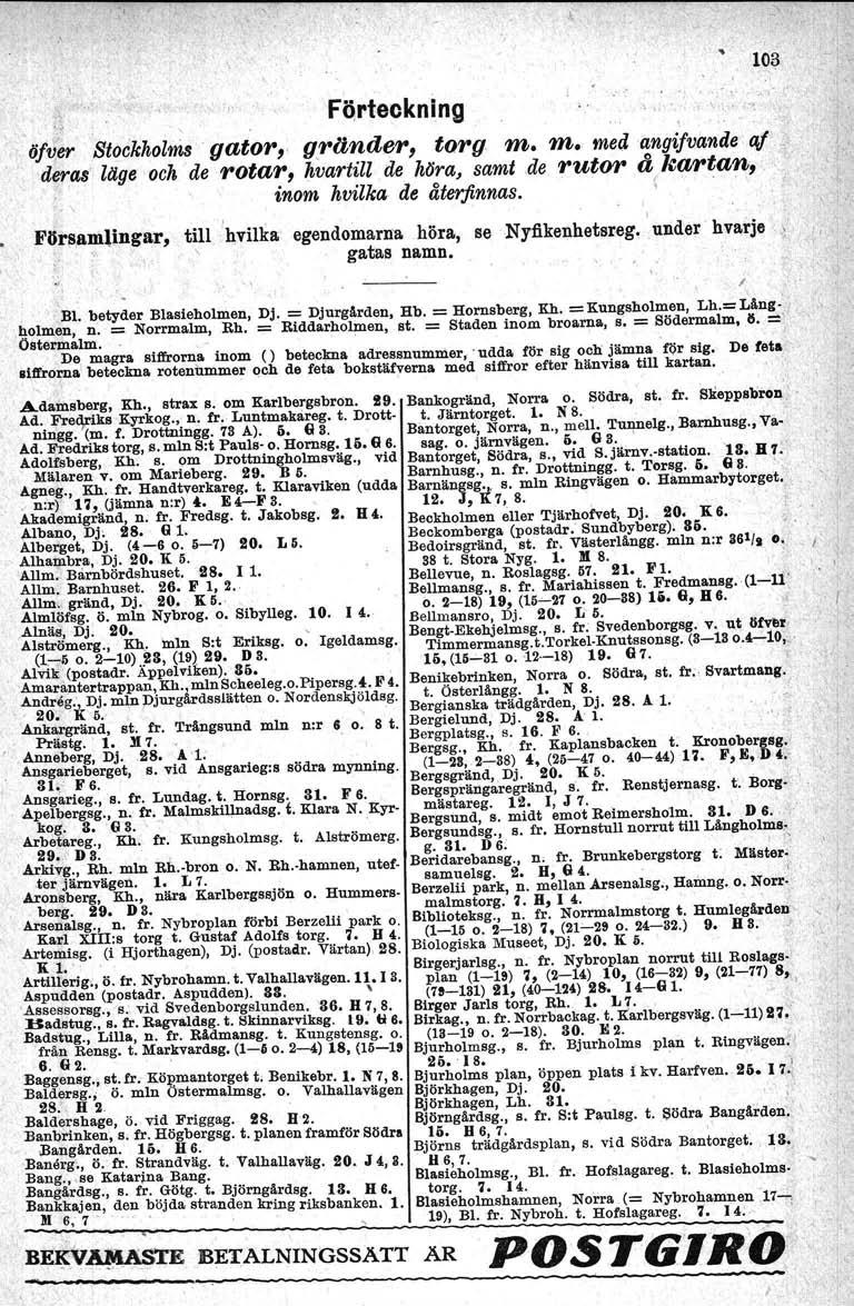 Fö,rteckning öfi/er Stockholms gator, g.rijnder, torg m. m. mecj angifvande at' deras liige och' de rotar, hvartill de höra, samt de rutor å kartan, inom hvilka de återfinnas. 103 För!