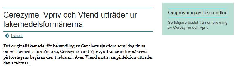 Läkemedel vid Gauchers sjukdom Cerezyme uteslöts ur förmånerna 2012 pga för högt pris Kammarrätten