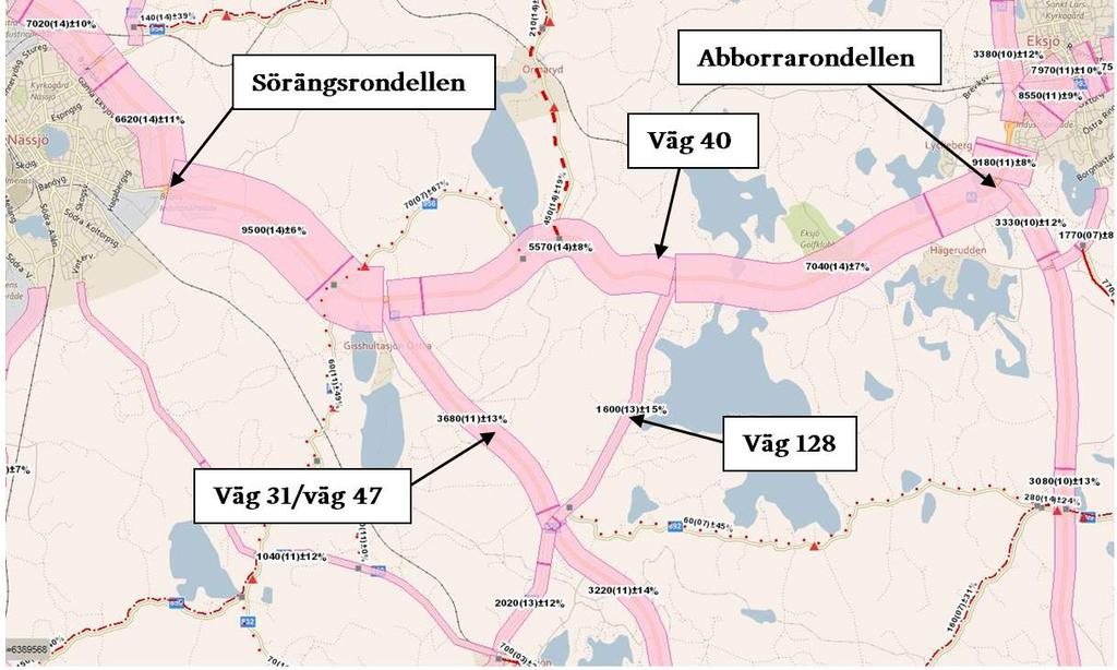 Trafikmängder Väg 40 trafikeras av ca 5570 9500 (Ådt, 2014) och andelen