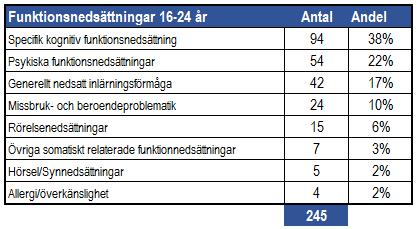 12 (Källa: Arbetsförmedlingen) Skillnader fanns i hur de vanligast förekommande funktionsnedsättningarna fördelade sig mellan könen.