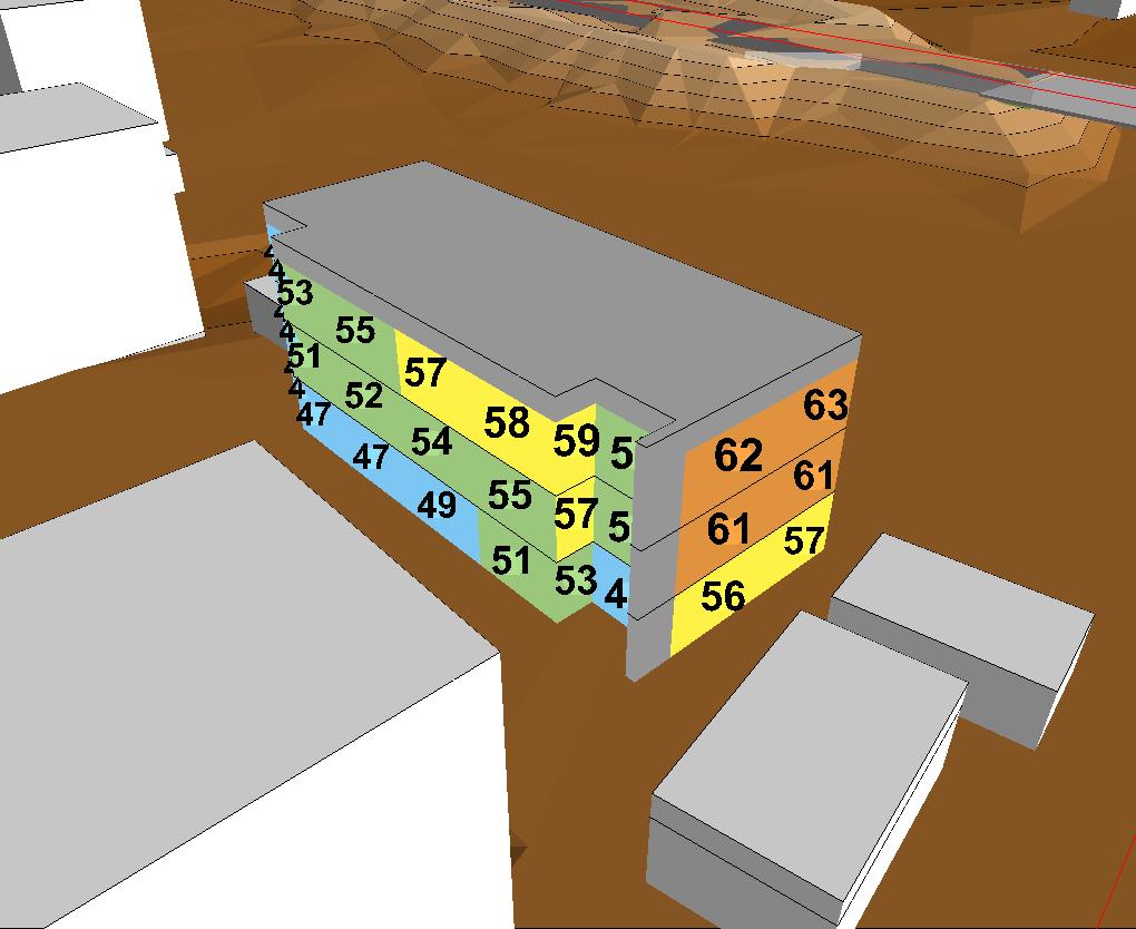 Dygnsekvivalent ljudnivå vid fasad, från vägtrafik: + 7,20 Högsta nivå för någon våning (2D), respektive tre vyer av ljudnivå vid varje våning (3D).