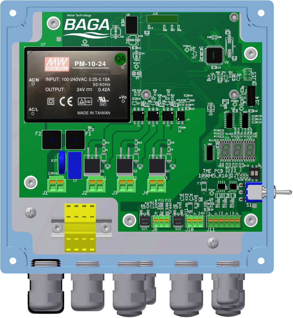 BAGA BDT Solo Drift- och underhållsmanual 3.2.4 Styrelektronik Säkringar (T0.25A, T5A) Kretskort Indikeringslampor för utsignaler till pumpar mm.