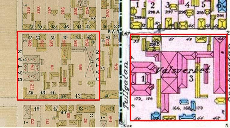 9 Tabell 3.3 Jämförelse av kartbilder över kv Valsverket. T.v. karta från år 1890 och t.h. kartbild från 1927. De gula byggnaderna är trähus och de gråa resp.