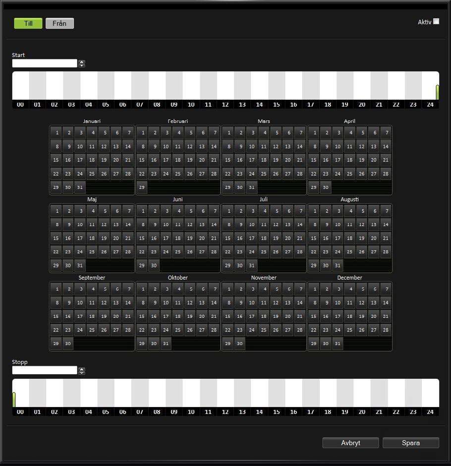 1. Välj om regeln ska aktivera (Till) eller inaktivera (Från) objekt. 2. Ange starttid och stopptid genom att antingen markera på tidsaxeln eller genom att skriva in i textrutorna Start och Stopp. 3.