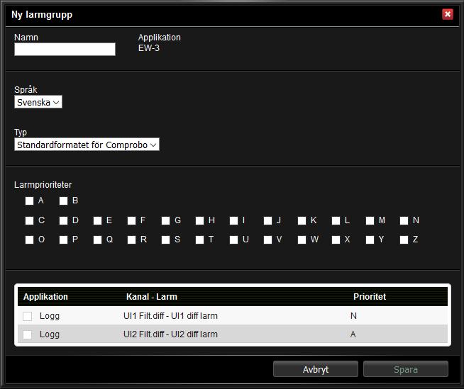 Skapa ny larmgrupp 1. Klicka på Ny larmgrupp. 2. Fyll i namn. 3. Markera larmen i listan som ska ingå i gruppen. 4. Om du till exempel vill lägga till alla A-larm markerar du rutan vid A:et.