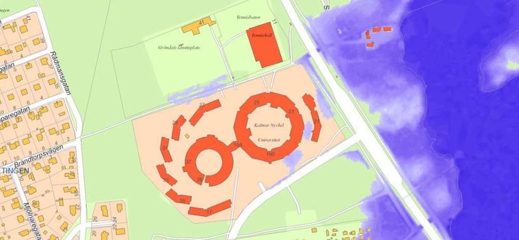Figur 5 - Instängt område och lågpunkt, Kalmar Nyckel (bild från Google Maps) Området öster om Kalmar Nyckel är lågt beläget med flera lågpunkter där vatten kan ansamlas.